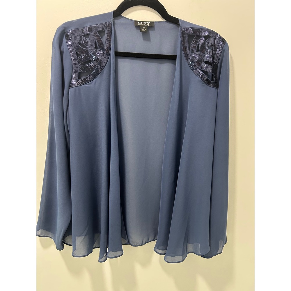 SLNY Women Slate Blue Sequin Shoulder Chiffon Open Front Cardigan Size 12 110692